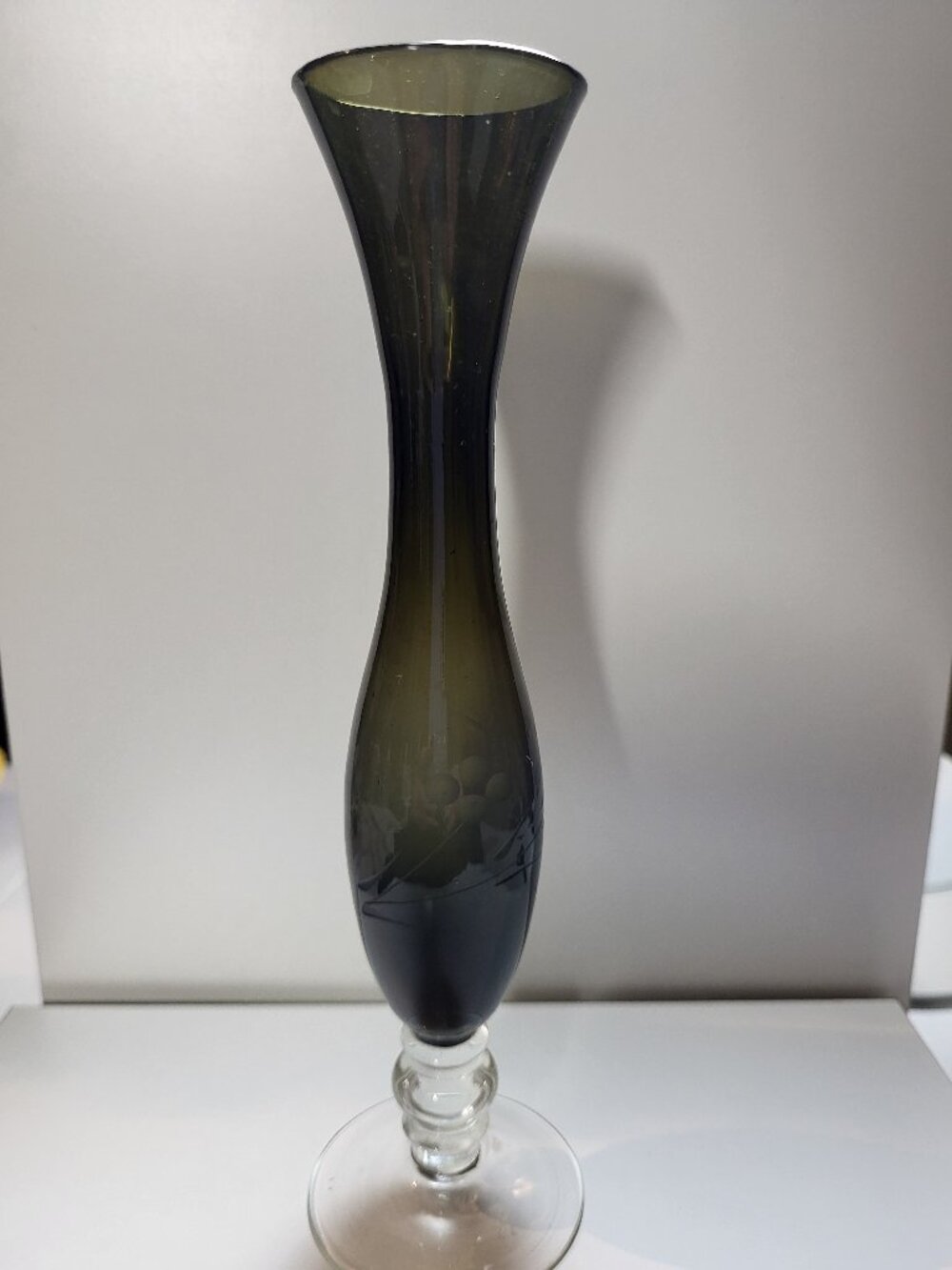 Vintage MCM Etched Floral Olive Green Glass Bud Vase with Clear Pedestal Base